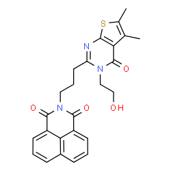 ChemSpider 2D Image | 2-{3-[3-(2-Hydroxyethyl)-5,6-dimethyl-4-oxo-3,4-dihydrothieno[2,3-d]pyrimidin-2-yl]propyl}-1H-benzo[de]isoquinoline-1,3(2H)-dione | C25H23N3O4S