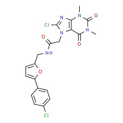ChemSpider 2D Image | 2-(8-Chloro-1,3-dimethyl-2,6-dioxo-1,2,3,6-tetrahydro-7H-purin-7-yl)-N-{[5-(4-chlorophenyl)-2-furyl]methyl}acetamide | C20H17Cl2N5O4