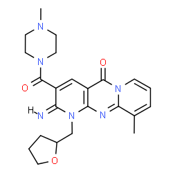 ChemSpider 2D Image | (2E)-2-Imino-10-methyl-3-[(4-methyl-1-piperazinyl)carbonyl]-1-(tetrahydro-2-furanylmethyl)-1,2-dihydro-5H-dipyrido[1,2-a:2',3'-d]pyrimidin-5-one | C23H28N6O3
