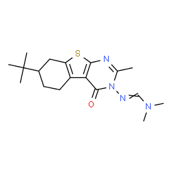 ChemSpider 2D Image | N,N-Dimethyl-N'-[2-methyl-7-(2-methyl-2-propanyl)-4-oxo-5,6,7,8-tetrahydro[1]benzothieno[2,3-d]pyrimidin-3(4H)-yl]imidoformamide | C18H26N4OS