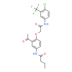 ChemSpider 2D Image | N-[3-Acetyl-4-(2-{[4-chloro-3-(trifluoromethyl)phenyl]amino}-2-oxoethoxy)phenyl]butanamide | C21H20ClF3N2O4