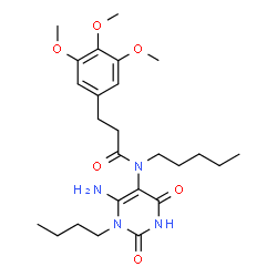 ChemSpider 2D Image | N-(6-Amino-1-butyl-2,4-dioxo-1,2,3,4-tetrahydro-5-pyrimidinyl)-N-pentyl-3-(3,4,5-trimethoxyphenyl)propanamide | C25H38N4O6