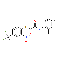 ChemSpider 2D Image | N-(4-Fluoro-2-methylphenyl)-2-{[2-nitro-4-(trifluoromethyl)phenyl]sulfanyl}acetamide | C16H12F4N2O3S