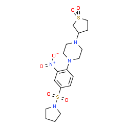 ChemSpider 2D Image | 1-(1,1-Dioxidotetrahydro-3-thiophenyl)-4-[2-nitro-4-(1-pyrrolidinylsulfonyl)phenyl]piperazine | C18H26N4O6S2