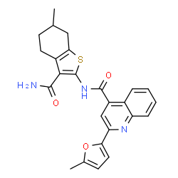 ChemSpider 2D Image | N-(3-Carbamoyl-6-methyl-4,5,6,7-tetrahydro-1-benzothiophen-2-yl)-2-(5-methyl-2-furyl)-4-quinolinecarboxamide | C25H23N3O3S