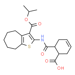 ChemSpider 2D Image | 6-{[3-(Isopropoxycarbonyl)-5,6,7,8-tetrahydro-4H-cyclohepta[b]thiophen-2-yl]carbamoyl}-3-cyclohexene-1-carboxylic acid | C21H27NO5S