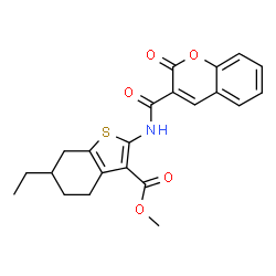 ChemSpider 2D Image | Methyl 6-ethyl-2-{[(2-oxo-2H-chromen-3-yl)carbonyl]amino}-4,5,6,7-tetrahydro-1-benzothiophene-3-carboxylate | C22H21NO5S