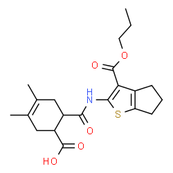 ChemSpider 2D Image | 3,4-Dimethyl-6-{[3-(propoxycarbonyl)-5,6-dihydro-4H-cyclopenta[b]thiophen-2-yl]carbamoyl}-3-cyclohexene-1-carboxylic acid | C21H27NO5S