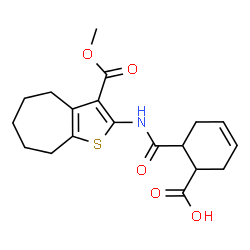 ChemSpider 2D Image | 6-{[3-(Methoxycarbonyl)-5,6,7,8-tetrahydro-4H-cyclohepta[b]thiophen-2-yl]carbamoyl}-3-cyclohexene-1-carboxylic acid | C19H23NO5S