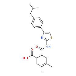 ChemSpider 2D Image | 6-{[4-(4-Isobutylphenyl)-1,3-thiazol-2-yl]carbamoyl}-3,4-dimethyl-3-cyclohexene-1-carboxylic acid | C23H28N2O3S