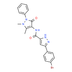 ChemSpider 2D Image | 3-(4-Bromophenyl)-N-(1,5-dimethyl-3-oxo-2-phenyl-2,3-dihydro-1H-pyrazol-4-yl)-1H-pyrazole-5-carboxamide | C21H18BrN5O2