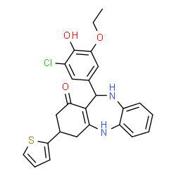 ChemSpider 2D Image | 11-(3-Chloro-5-ethoxy-4-hydroxyphenyl)-3-(2-thienyl)-2,3,4,5,10,11-hexahydro-1H-dibenzo[b,e][1,4]diazepin-1-one | C25H23ClN2O3S
