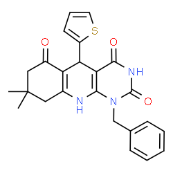 ChemSpider 2D Image | 1-Benzyl-8,8-dimethyl-5-(2-thienyl)-5,8,9,10-tetrahydropyrimido[4,5-b]quinoline-2,4,6(1H,3H,7H)-trione | C24H23N3O3S