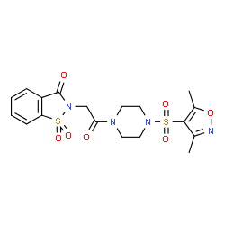 ChemSpider 2D Image | 2-(2-{4-[(3,5-Dimethyl-1,2-oxazol-4-yl)sulfonyl]-1-piperazinyl}-2-oxoethyl)-1,2-benzothiazol-3(2H)-one 1,1-dioxide | C18H20N4O7S2
