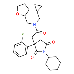 ChemSpider 2D Image | 2-[1-Cyclohexyl-3-(2-fluorophenyl)-2,5-dioxo-3-pyrrolidinyl]-N-(cyclopropylmethyl)-N-(tetrahydro-2-furanylmethyl)acetamide | C27H35FN2O4