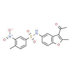 ChemSpider 2D Image | N-(3-Acetyl-2-methyl-1-benzofuran-5-yl)-4-methyl-3-nitrobenzenesulfonamide | C18H16N2O6S