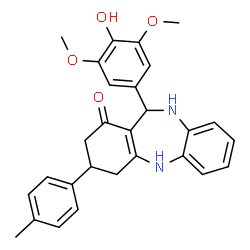 ChemSpider 2D Image | 11-(4-Hydroxy-3,5-dimethoxyphenyl)-3-(4-methylphenyl)-2,3,4,5,10,11-hexahydro-1H-dibenzo[b,e][1,4]diazepin-1-one | C28H28N2O4