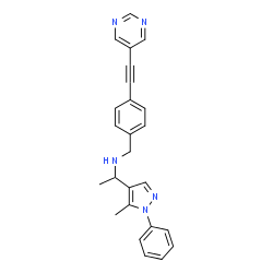 ChemSpider 2D Image | 1-(5-Methyl-1-phenyl-1H-pyrazol-4-yl)-N-[4-(5-pyrimidinylethynyl)benzyl]ethanamine | C25H23N5