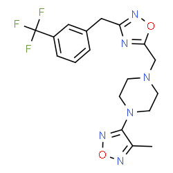 ChemSpider 2D Image | 1-(4-Methyl-1,2,5-oxadiazol-3-yl)-4-({3-[3-(trifluoromethyl)benzyl]-1,2,4-oxadiazol-5-yl}methyl)piperazine | C18H19F3N6O2