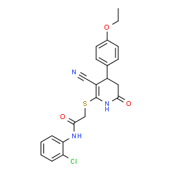 ChemSpider 2D Image | N-(2-Chlorophenyl)-2-{[3-cyano-4-(4-ethoxyphenyl)-6-oxo-1,4,5,6-tetrahydro-2-pyridinyl]sulfanyl}acetamide | C22H20ClN3O3S