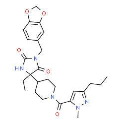 ChemSpider 2D Image | 3-(1,3-Benzodioxol-5-ylmethyl)-5-ethyl-5-{1-[(1-methyl-3-propyl-1H-pyrazol-5-yl)carbonyl]-4-piperidinyl}-2,4-imidazolidinedione | C26H33N5O5