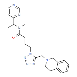 ChemSpider 2D Image | 4-[5-(3,4-Dihydro-2(1H)-isoquinolinylmethyl)-1H-tetrazol-1-yl]-N-methyl-N-[1-(4-pyrimidinyl)ethyl]butanamide | C22H28N8O