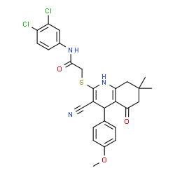 ChemSpider 2D Image | 2-{[3-Cyano-4-(4-methoxyphenyl)-7,7-dimethyl-5-oxo-1,4,5,6,7,8-hexahydro-2-quinolinyl]sulfanyl}-N-(3,4-dichlorophenyl)acetamide | C27H25Cl2N3O3S