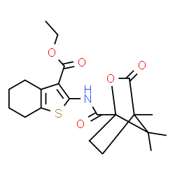 ChemSpider 2D Image | Ethyl 2-{[(4,7,7-trimethyl-3-oxo-2-oxabicyclo[2.2.1]hept-1-yl)carbonyl]amino}-4,5,6,7-tetrahydro-1-benzothiophene-3-carboxylate | C21H27NO5S