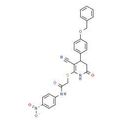 ChemSpider 2D Image | 2-({4-[4-(Benzyloxy)phenyl]-3-cyano-6-oxo-1,4,5,6-tetrahydro-2-pyridinyl}sulfanyl)-N-(4-nitrophenyl)acetamide | C27H22N4O5S