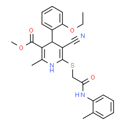 ChemSpider 2D Image | Methyl 5-cyano-4-(2-ethoxyphenyl)-2-methyl-6-({2-[(2-methylphenyl)amino]-2-oxoethyl}sulfanyl)-1,4-dihydro-3-pyridinecarboxylate | C26H27N3O4S