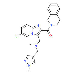 ChemSpider 2D Image | [6-Chloro-3-({methyl[(1-methyl-1H-pyrazol-4-yl)methyl]amino}methyl)imidazo[1,2-a]pyridin-2-yl](3,4-dihydro-2(1H)-isoquinolinyl)methanone | C24H25ClN6O