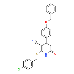 ChemSpider 2D Image | 4-[4-(Benzyloxy)phenyl]-2-[(4-chlorobenzyl)sulfanyl]-6-oxo-1,4,5,6-tetrahydro-3-pyridinecarbonitrile | C26H21ClN2O2S