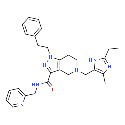 ChemSpider 2D Image | 5-[(2-Ethyl-4-methyl-1H-imidazol-5-yl)methyl]-1-(2-phenylethyl)-N-(2-pyridinylmethyl)-4,5,6,7-tetrahydro-1H-pyrazolo[4,3-c]pyridine-3-carboxamide | C28H33N7O