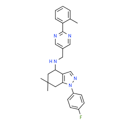 ChemSpider 2D Image | 1-(4-Fluorophenyl)-6,6-dimethyl-N-{[2-(2-methylphenyl)-5-pyrimidinyl]methyl}-4,5,6,7-tetrahydro-1H-indazol-4-amine | C27H28FN5