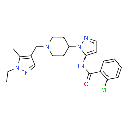 ChemSpider 2D Image | 2-Chloro-N-(1-{1-[(1-ethyl-5-methyl-1H-pyrazol-4-yl)methyl]-4-piperidinyl}-1H-pyrazol-5-yl)benzamide | C22H27ClN6O