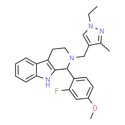 ChemSpider 2D Image | 2-[(1-Ethyl-3-methyl-1H-pyrazol-4-yl)methyl]-1-(2-fluoro-4-methoxyphenyl)-2,3,4,9-tetrahydro-1H-beta-carboline | C25H27FN4O