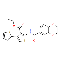 ChemSpider 2D Image | Ethyl 5'-[(2,3-dihydro-1,4-benzodioxin-6-ylcarbonyl)amino]-2,3'-bithiophene-4'-carboxylate | C20H17NO5S2