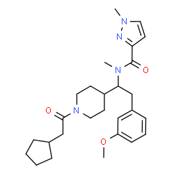 ChemSpider 2D Image | N-{1-[1-(Cyclopentylacetyl)-4-piperidinyl]-2-(3-methoxyphenyl)ethyl}-N,1-dimethyl-1H-pyrazole-3-carboxamide | C27H38N4O3
