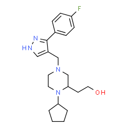 ChemSpider 2D Image | 2-(1-Cyclopentyl-4-{[3-(4-fluorophenyl)-1H-pyrazol-4-yl]methyl}-2-piperazinyl)ethanol | C21H29FN4O