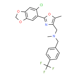 ChemSpider 2D Image | 1-[2-(6-Chloro-1,3-benzodioxol-5-yl)-5-methyl-1,3-oxazol-4-yl]-N-methyl-N-[4-(trifluoromethyl)benzyl]methanamine | C21H18ClF3N2O3