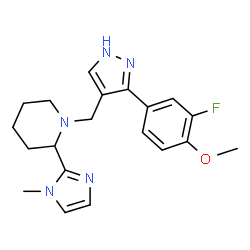 ChemSpider 2D Image | 1-{[3-(3-Fluoro-4-methoxyphenyl)-1H-pyrazol-4-yl]methyl}-2-(1-methyl-1H-imidazol-2-yl)piperidine | C20H24FN5O
