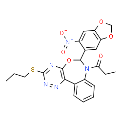 ChemSpider 2D Image | 1-[6-(6-Nitro-1,3-benzodioxol-5-yl)-3-(propylsulfanyl)[1,2,4]triazino[5,6-d][3,1]benzoxazepin-7(6H)-yl]-1-propanone | C23H21N5O6S