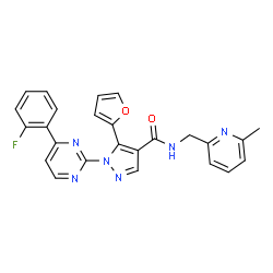 ChemSpider 2D Image | 1-[4-(2-Fluorophenyl)-2-pyrimidinyl]-5-(2-furyl)-N-[(6-methyl-2-pyridinyl)methyl]-1H-pyrazole-4-carboxamide | C25H19FN6O2