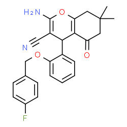 ChemSpider 2D Image | 2-Amino-4-{2-[(4-fluorobenzyl)oxy]phenyl}-7,7-dimethyl-5-oxo-5,6,7,8-tetrahydro-4H-chromene-3-carbonitrile | C25H23FN2O3