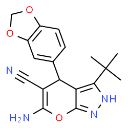 ChemSpider 2D Image | 6-Amino-4-(1,3-benzodioxol-5-yl)-3-tert-butyl-2,4-dihydropyrano[2,3-c]pyrazole-5-carbonitrile | C18H18N4O3
