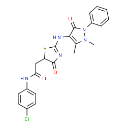 ChemSpider 2D Image | N-(4-Chlorophenyl)-2-{2-[(1,5-dimethyl-3-oxo-2-phenyl-2,3-dihydro-1H-pyrazol-4-yl)amino]-4-oxo-4,5-dihydro-1,3-thiazol-5-yl}acetamide | C22H20ClN5O3S