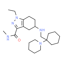 ChemSpider 2D Image | 1-Ethyl-N-methyl-5-({[1-(1-piperidinyl)cyclohexyl]methyl}amino)-4,5,6,7-tetrahydro-1H-indazole-3-carboxamide | C23H39N5O