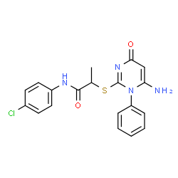 ChemSpider 2D Image | 2-[(6-AMINO-4-OXO-1-PHENYLPYRIMIDIN-2-YL)SULFANYL]-N-(4-CHLOROPHENYL)PROPANAMIDE | C19H17ClN4O2S