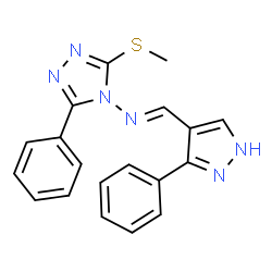 ChemSpider 2D Image | (E)-N-[3-(Methylsulfanyl)-5-phenyl-4H-1,2,4-triazol-4-yl]-1-(3-phenyl-1H-pyrazol-4-yl)methanimine | C19H16N6S