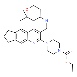 ChemSpider 2D Image | Ethyl 4-(3-{[(2,2-dimethyltetrahydro-2H-pyran-4-yl)amino]methyl}-7,8-dihydro-6H-cyclopenta[g]quinolin-2-yl)-1-piperazinecarboxylate | C27H38N4O3